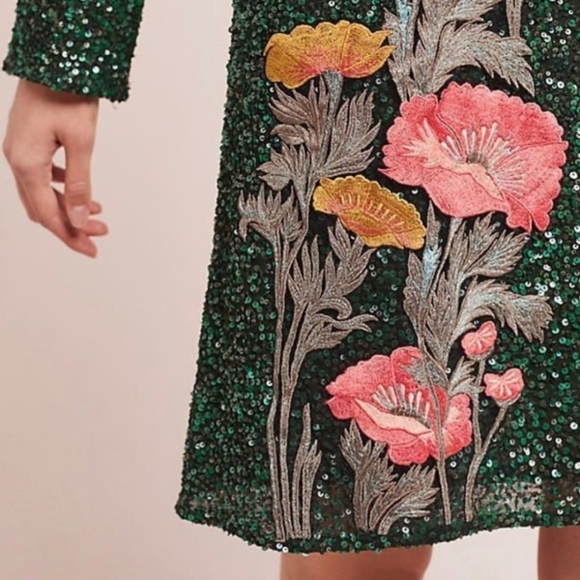 Sz 4 Varun Bahl Green Seqin Dress w/Appliqué NWT Anthropologie - Picture 3 of 16